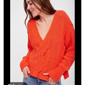 Free People Coco V-Neck Surplice Sweater M Orange Boho Chunky Knit Oversized